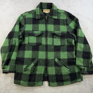 Vintage Melton Jacket Mens Large Green Black Buffalo Plaid Wool Shacket USA Made